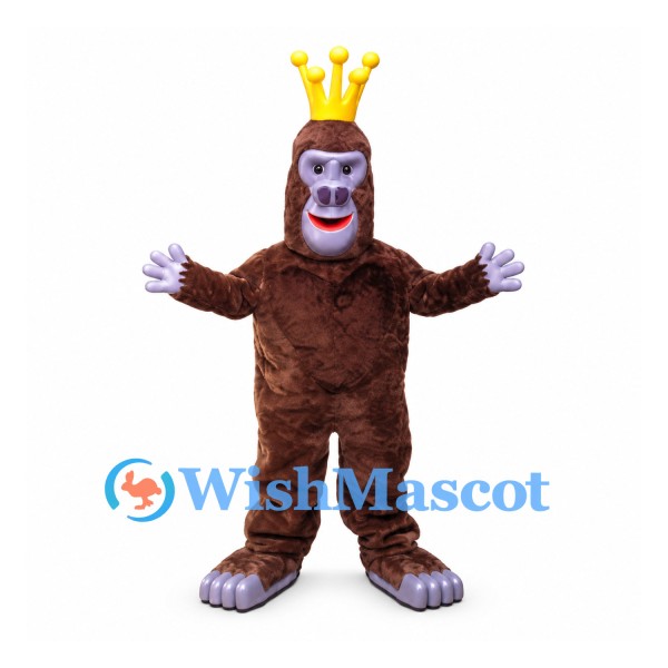 Gorilla Mascot Costume in Brown with Gold Crown