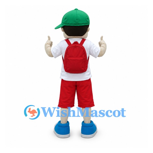 Schoolboy Mascot Costume with Green Cap and Red Backpack