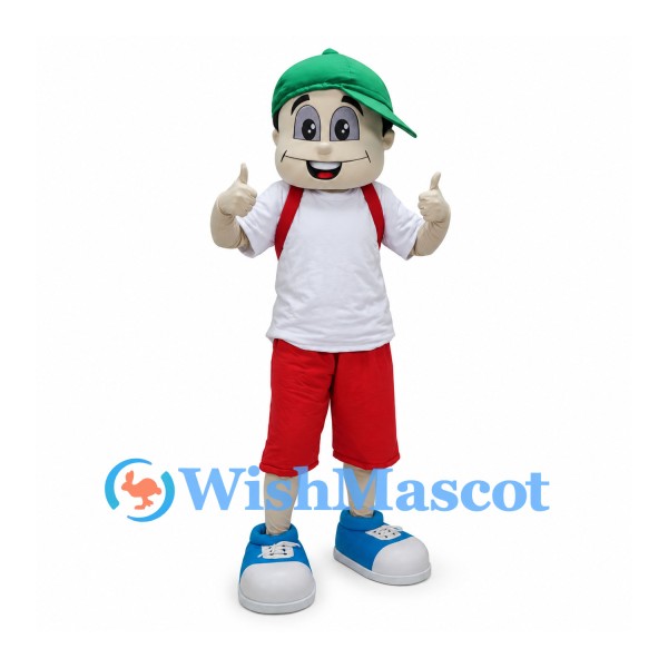 Schoolboy Mascot Costume with Green Cap and Red Backpack