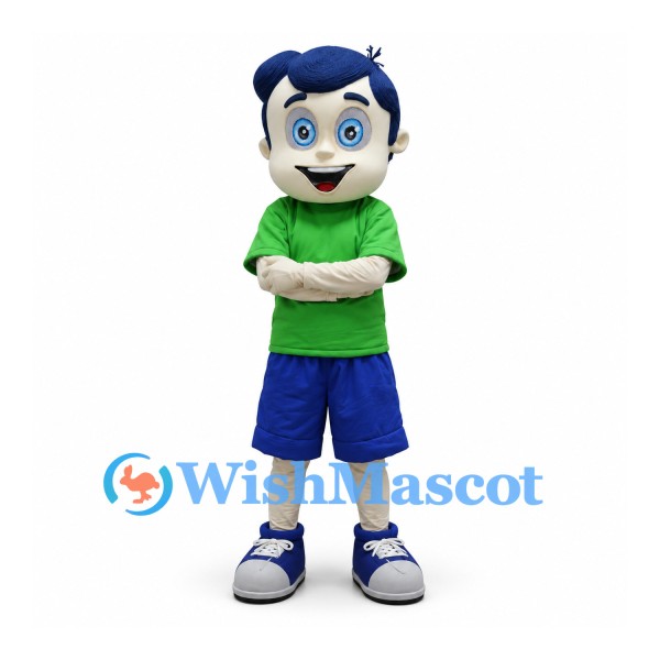 Boy Mascot Costume with Blue Hair and Green T-Shirt