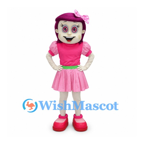 Girl Mascot Costume with Purple Hair and Pink Dress