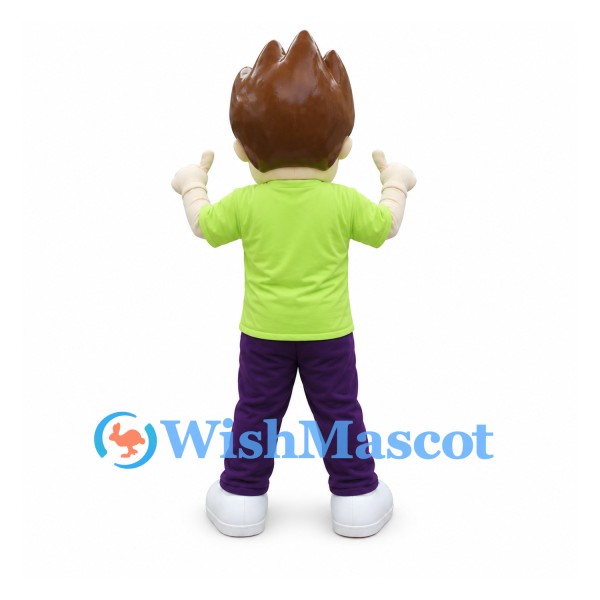 Boy Mascot Costume with Brown Spiky Hair and Lime Green Shirt