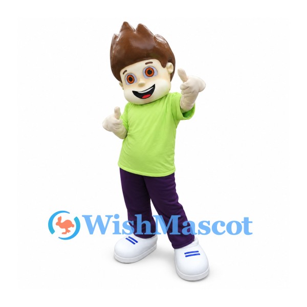 Boy Mascot Costume with Brown Spiky Hair and Lime Green Shirt