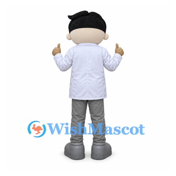 Scientist Mascot Costume with Black Hair and White Lab Coat