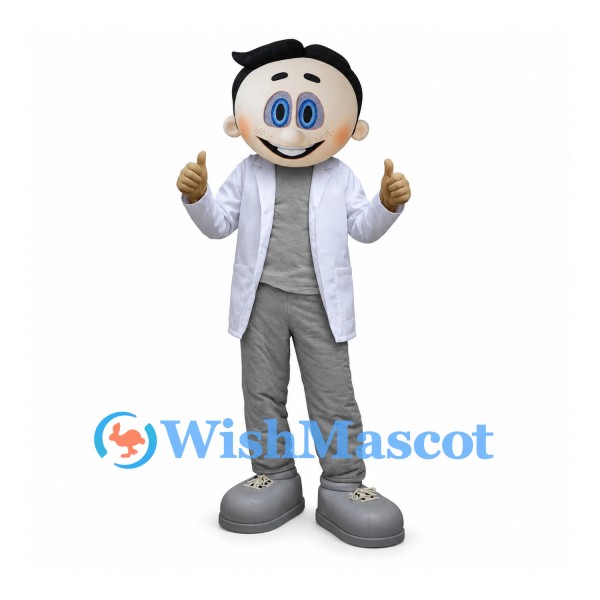 Scientist Mascot Costume with Black Hair and White Lab Coat