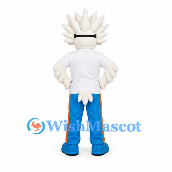Bird Mascot Costume with White Spiky Feathers and Blue Trousers