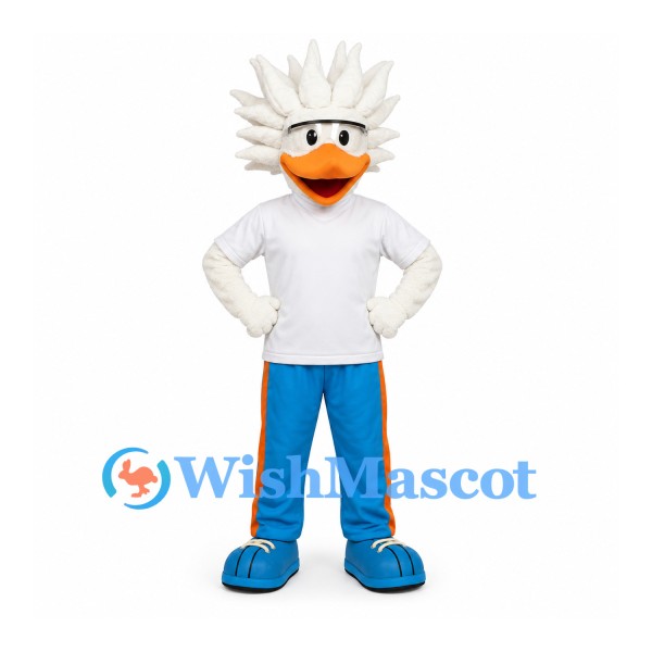 Bird Mascot Costume with White Spiky Feathers and Blue Trousers