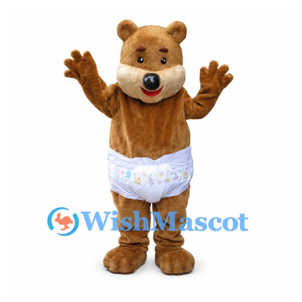 Baby Bear Mascot Costume in Brown with White Diaper
