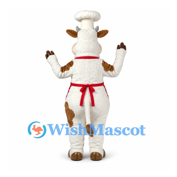 Cow Mascot Costume with Chef Hat and Red Apron