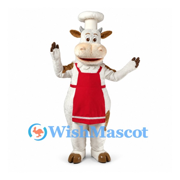 Cow Mascot Costume with Chef Hat and Red Apron