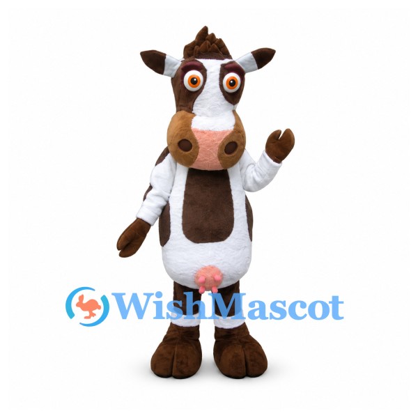 Cow Mascot Costume in Brown and White with Large Eyes