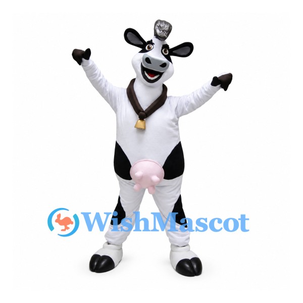 Cow Mascot Costume in Black and White with Gold Bell