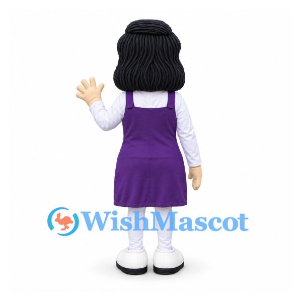 Woman Mascot Costume with Black Hair and Purple Dress