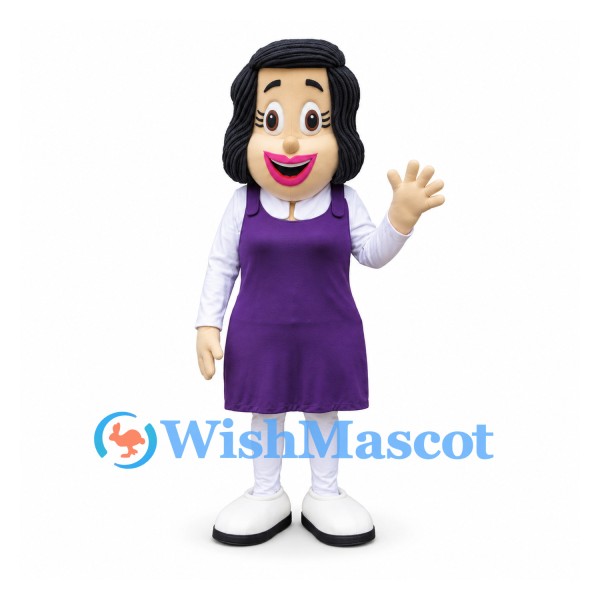 Woman Mascot Costume with Black Hair and Purple Dress