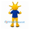Yellow Alien Mascot Costume with Beaded Antennae and Blue Shirt