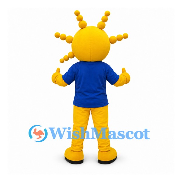 Yellow Alien Mascot Costume with Beaded Antennae and Blue Shirt