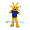Yellow Alien Mascot Costume with Beaded Antennae and Blue Shirt