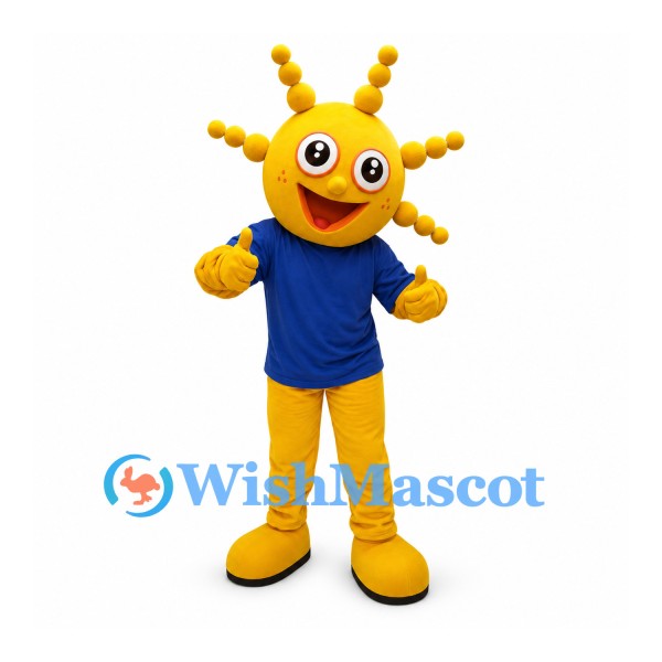 Yellow Alien Mascot Costume with Beaded Antennae and Blue Shirt