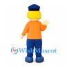 Worker Mascot Costume with Blue Cap and Orange Shirt