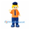 Worker Mascot Costume with Blue Cap and Orange Shirt