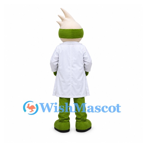 Scientist Mascot Costume in Green with White Spiky Hair and Lab Coat