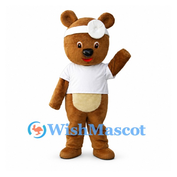 Bear Mascot Costume with Doctor Head Mirror and White Shirt