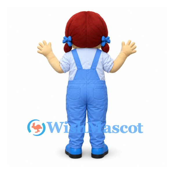 Girl Mascot Costume with Red Pigtails and Blue Overalls