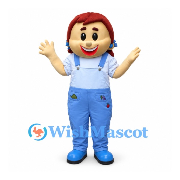 Girl Mascot Costume with Red Pigtails and Blue Overalls