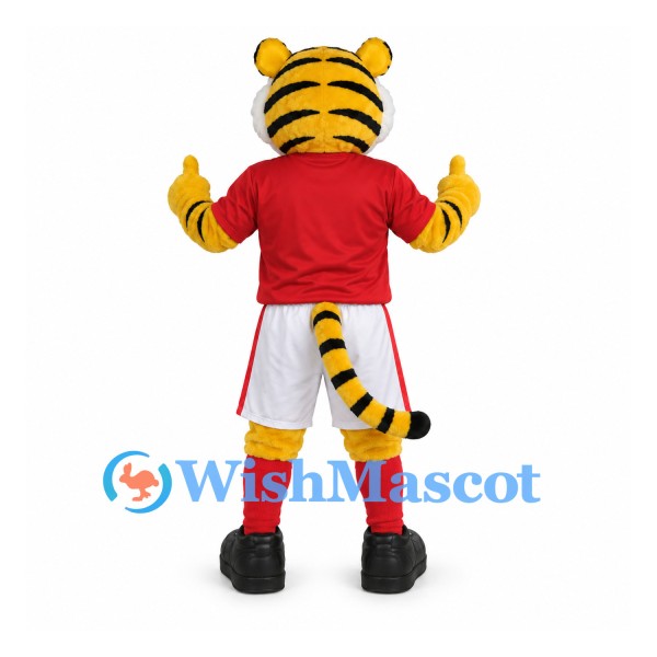 Tiger Mascot Costume with Red Soccer Shirt and White Shorts