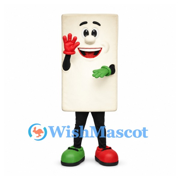 Rectangle Mascot Costume in Cream with Red and Green Hands