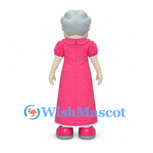 Grandmother Mascot Costume with Gray Hair and Pink Dress