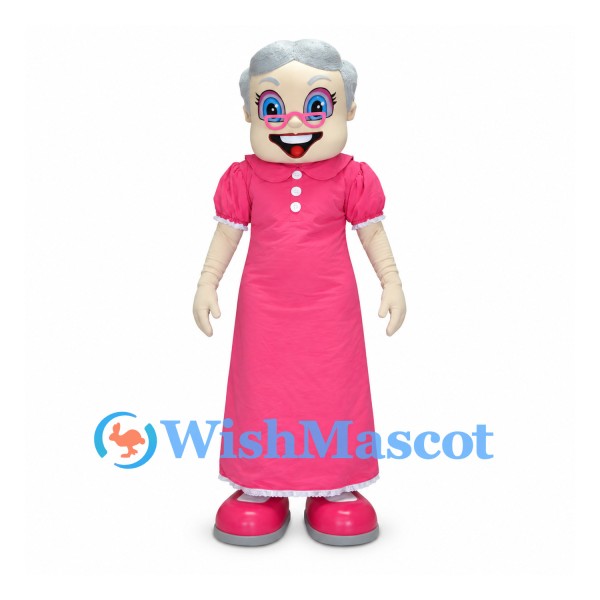 Grandmother Mascot Costume with Gray Hair and Pink Dress