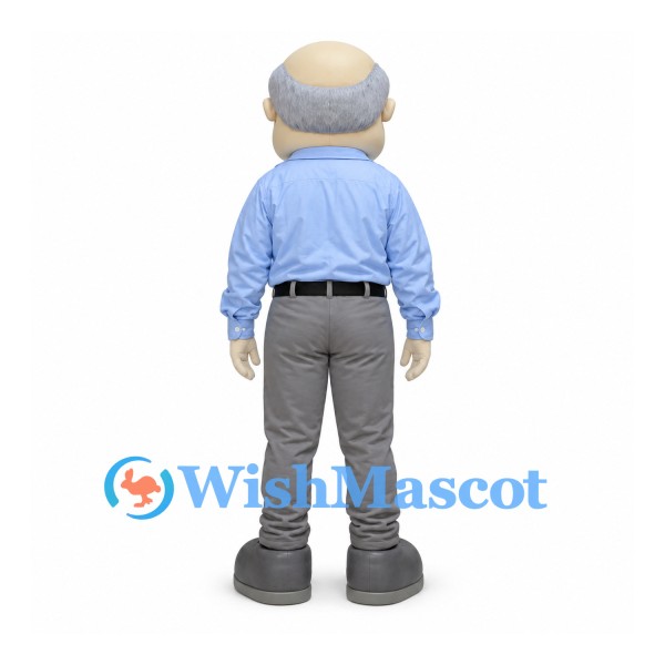 Grandfather Mascot Costume with Blue Shirt and Gray Trousers