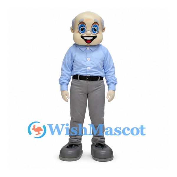 Grandfather Mascot Costume with Blue Shirt and Gray Trousers