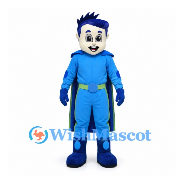 Superhero Mascot Costume with Blue Hair, Suit and Cape