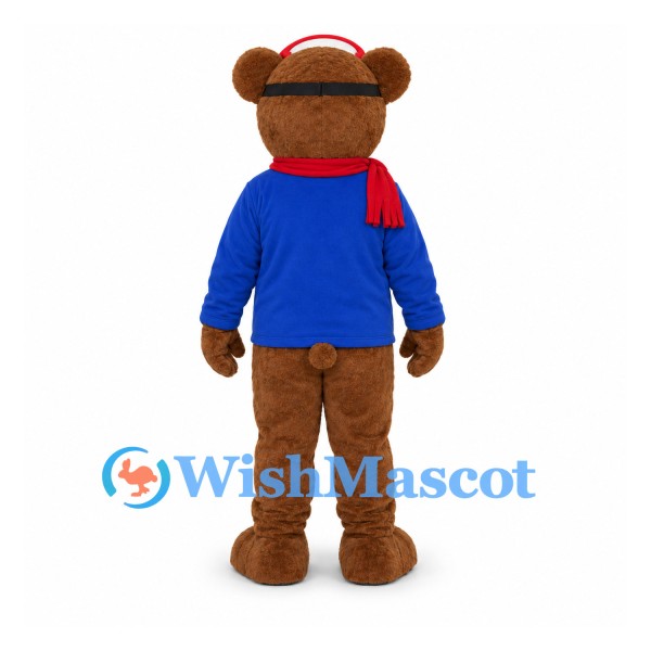 Bear Mascot Costume with Ski Goggles, Blue Sweater and Red Scarf