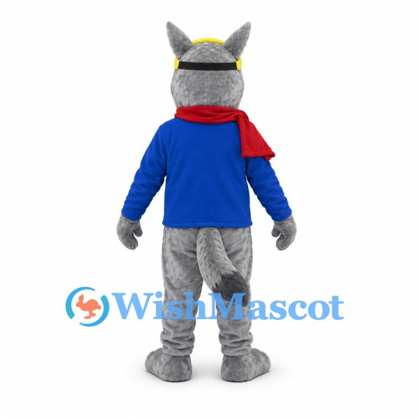 Wolf Mascot Costume with Yellow Goggles and Red Scarf