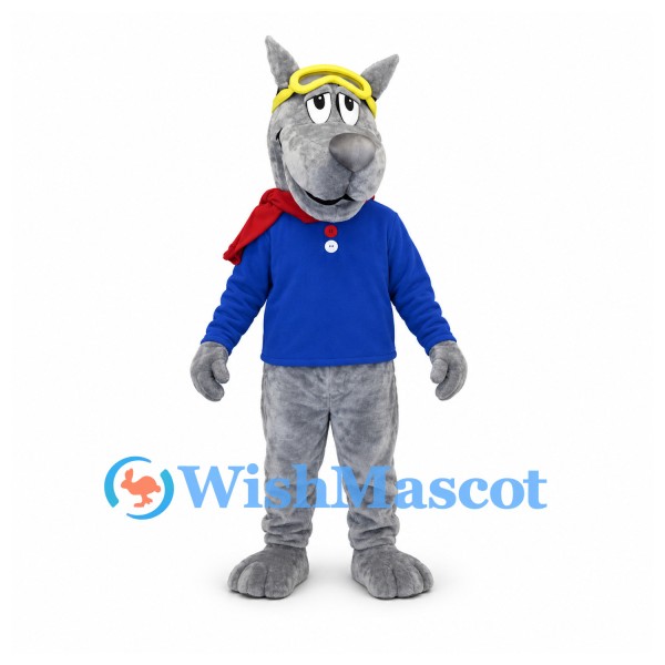 Wolf Mascot Costume with Yellow Goggles and Red Scarf