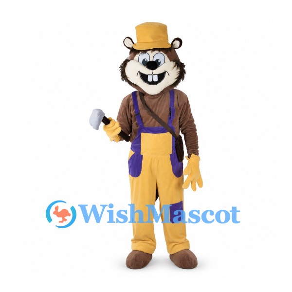 Beaver Mascot Costume with Yellow Hat and Overalls
