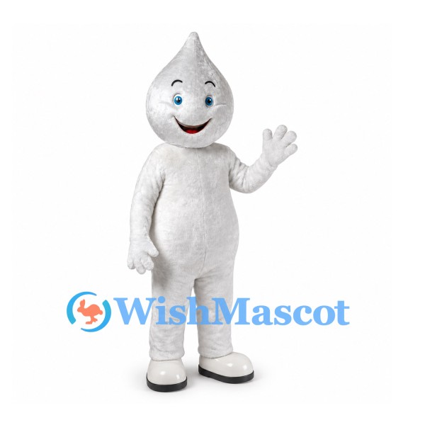 Water Drop Mascot Costume in White with Smiling Face
