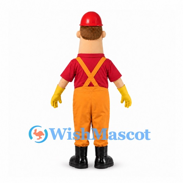 Worker Mascot Costume with Red Hard Hat and Orange Overalls