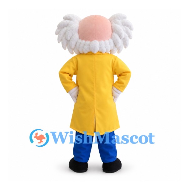 Scientist Mascot Costume with White Hair, Yellow Coat and Bow Tie