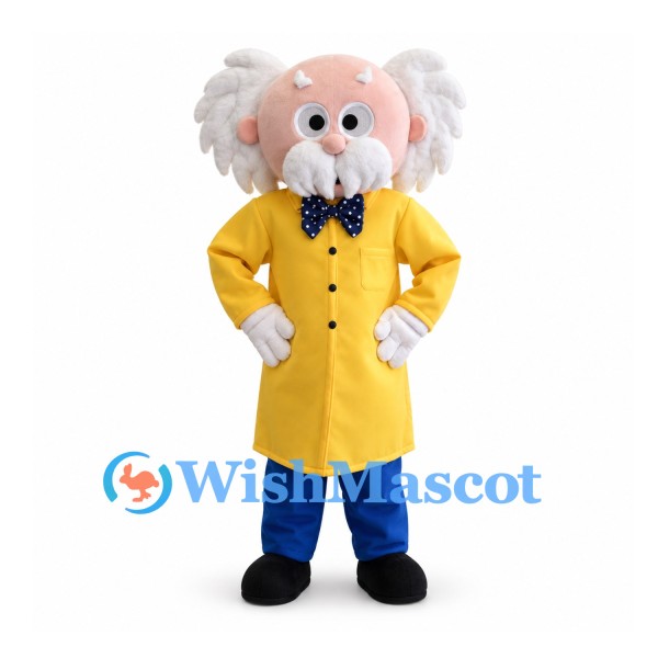 Scientist Mascot Costume with White Hair, Yellow Coat and Bow Tie
